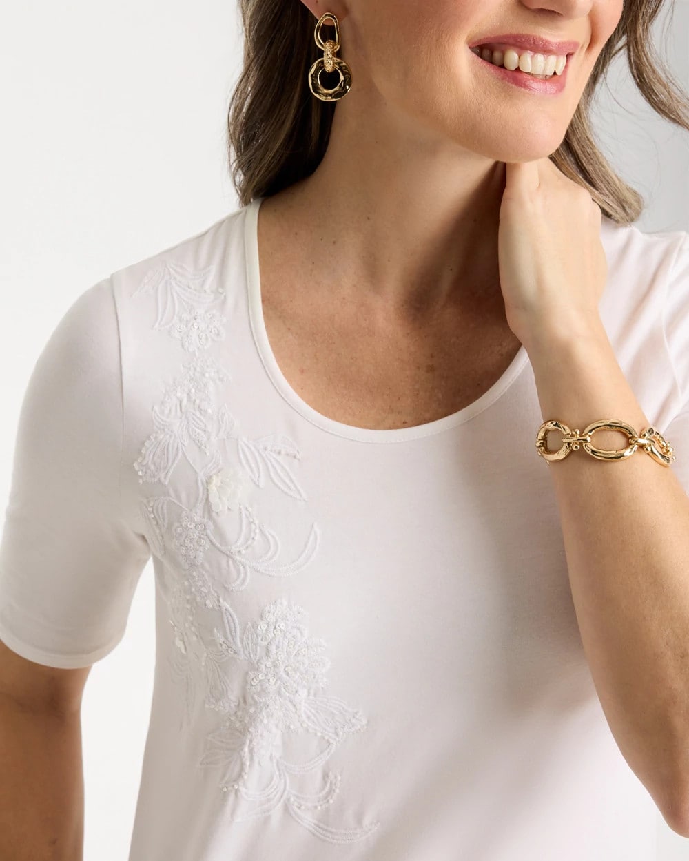 Chico's Sequin Embroidered Floral Tee Alabaster