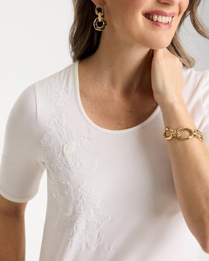 Chico's Sequin Embroidered Floral Tee Alabaster