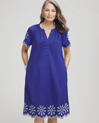 Chico's Embroidered Poplin Popover Dress Blue Casa