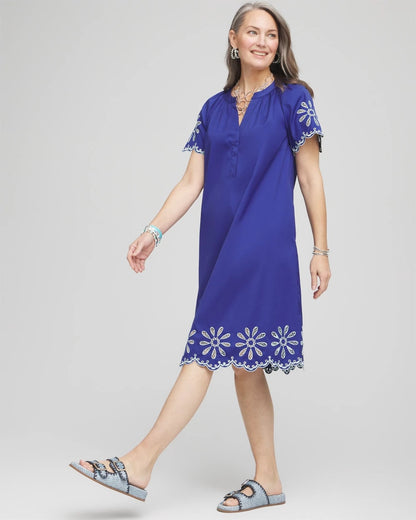 Chico's Embroidered Poplin Popover Dress Blue Casa