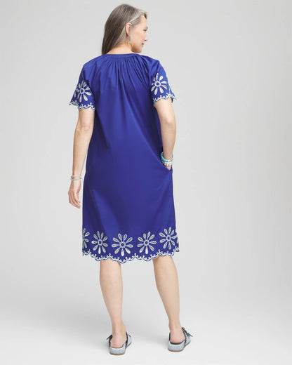 Chico's Embroidered Poplin Popover Dress Blue Casa