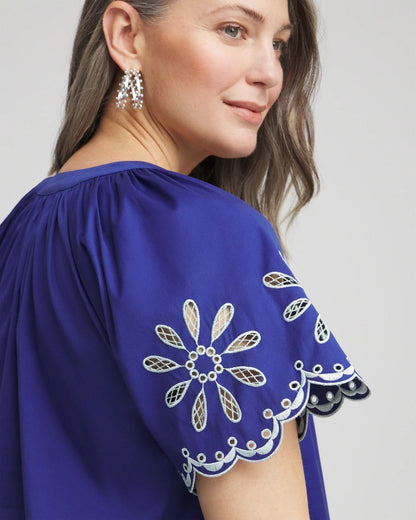 Chico's Embroidered Poplin Popover Dress Blue Casa