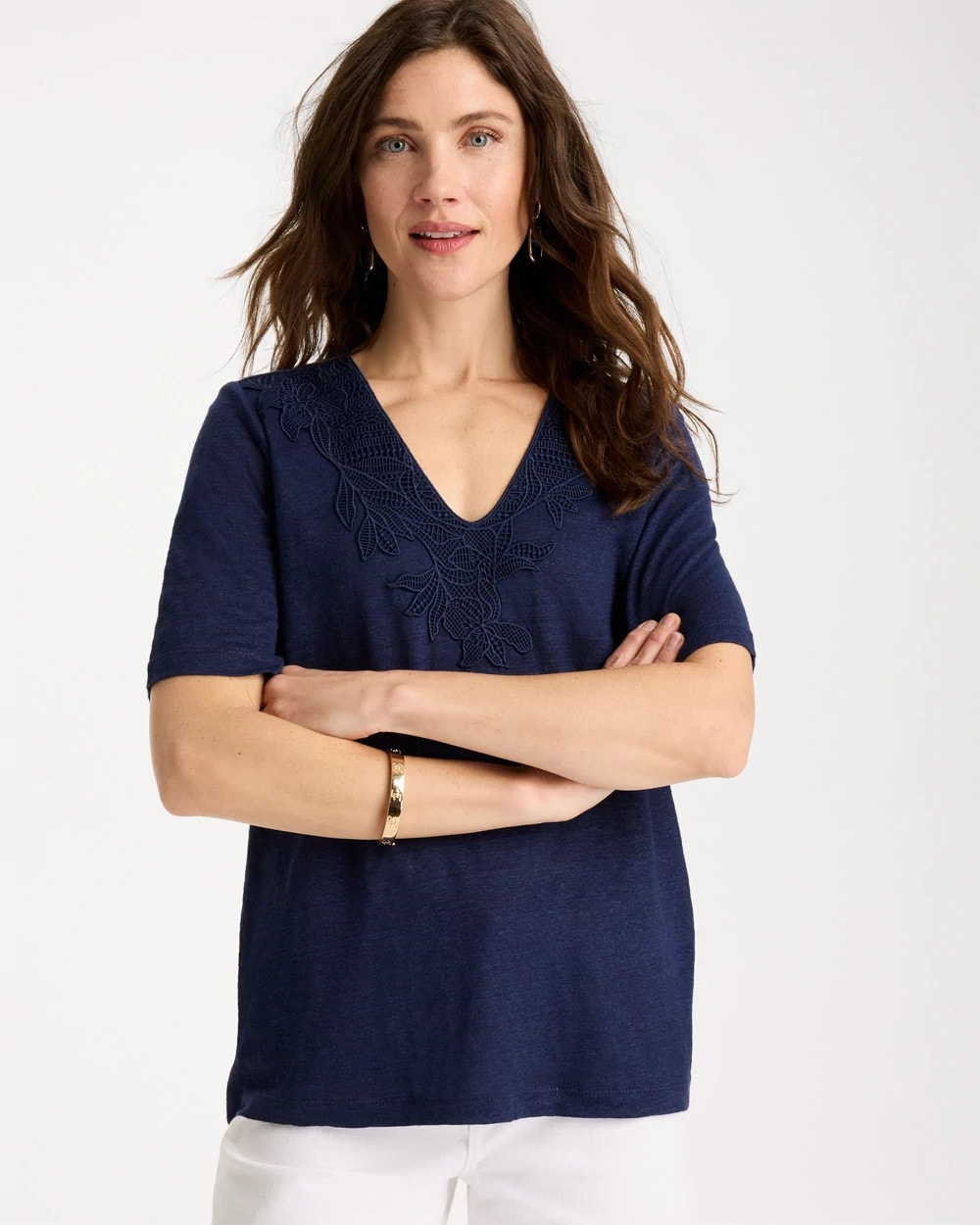 Chico's Flora Lace V-Neck Tee Passport Blue