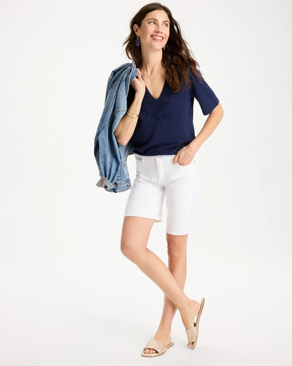 Chico's Flora Lace V-Neck Tee Passport Blue