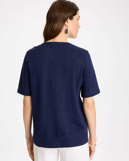 Chico's Flora Lace V-Neck Tee Passport Blue