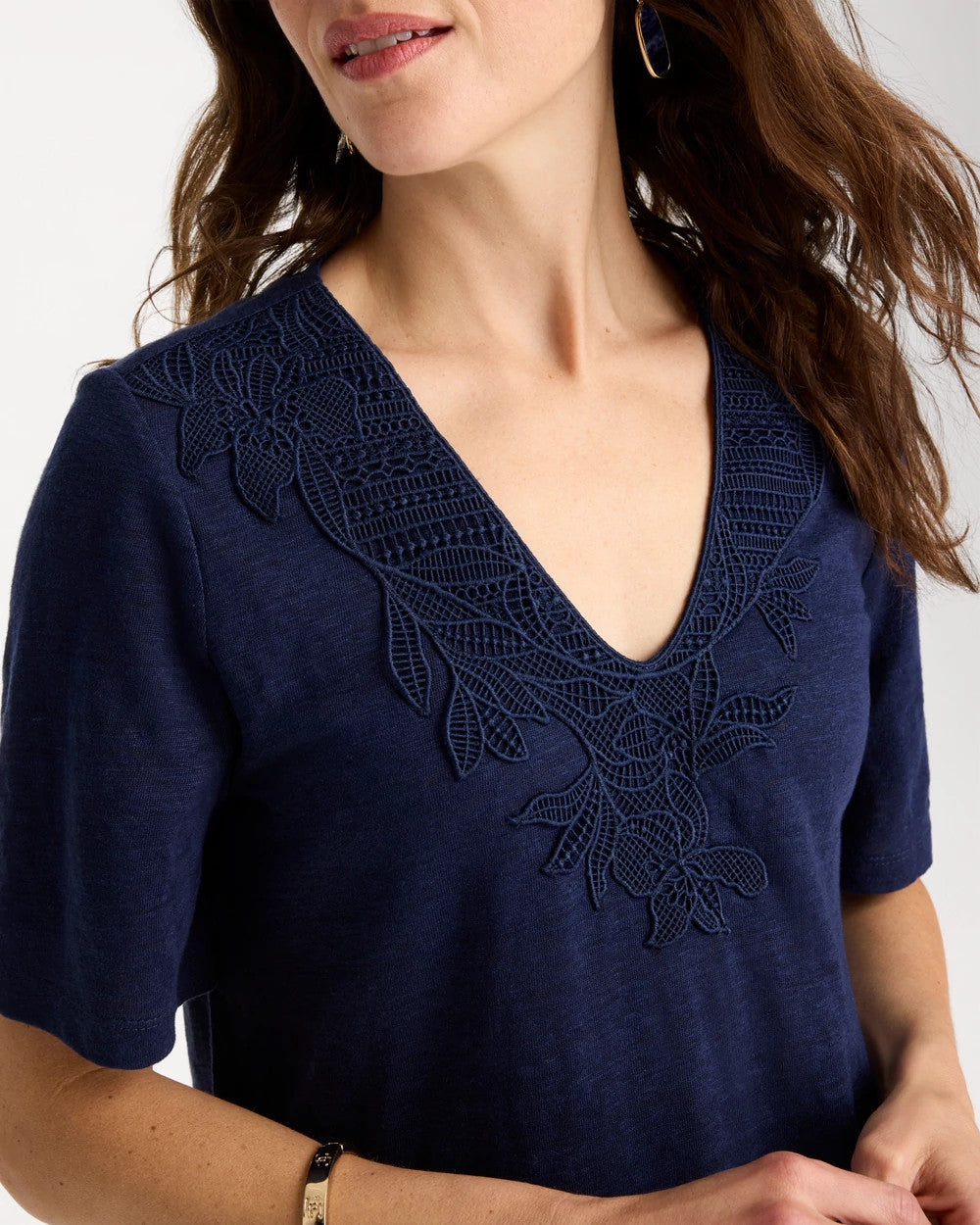Chico's Flora Lace V-Neck Tee Passport Blue