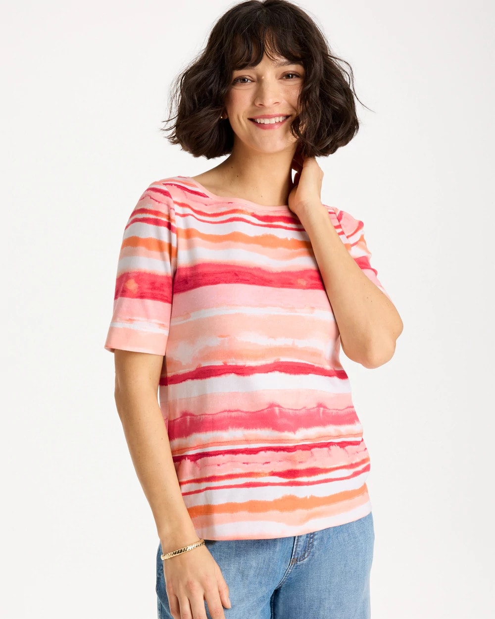 Chico's Grotto Mist Pima Elbow Sleeve Tee Calypso Coral