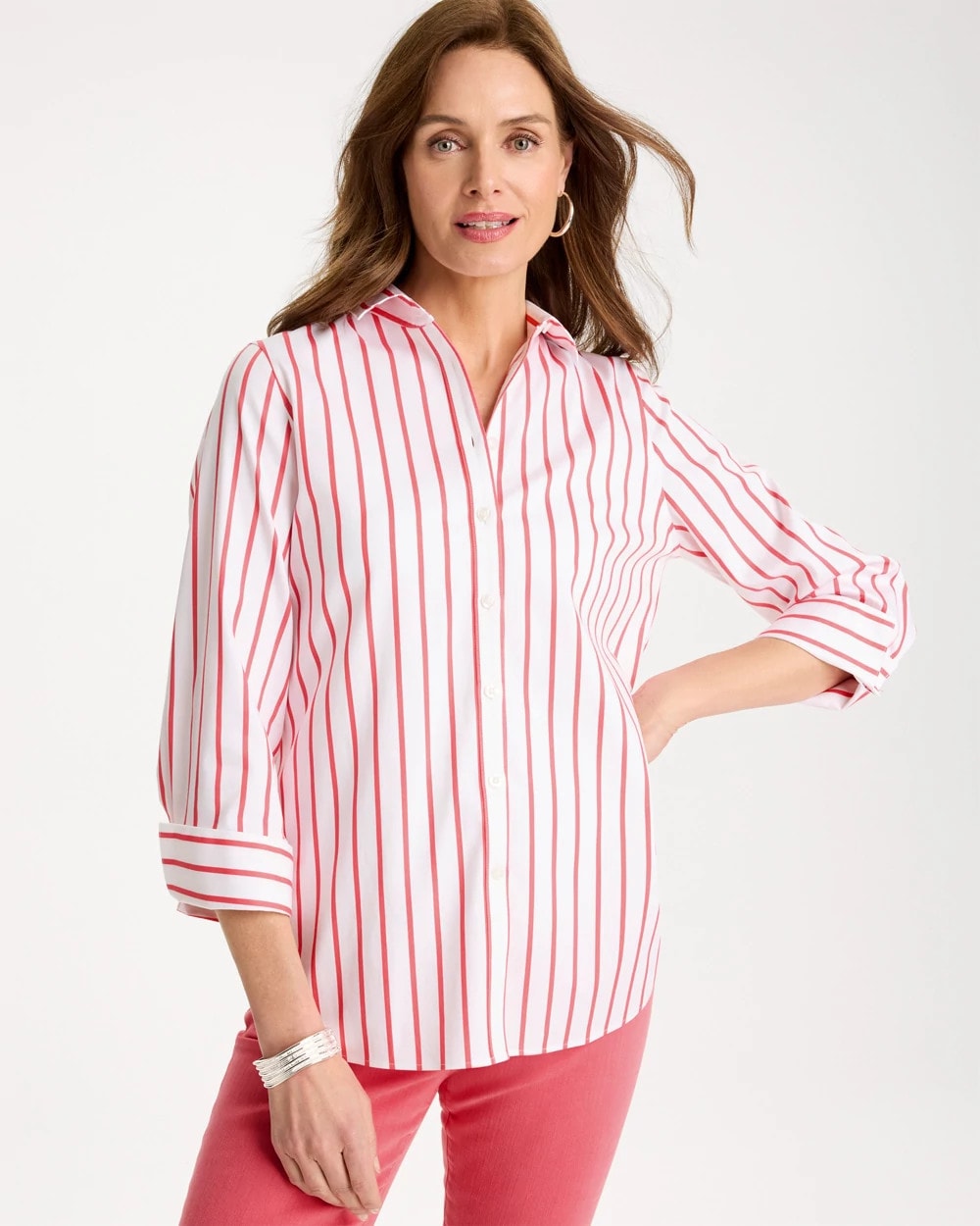 Chico's No Iron™ Stretch Striped Shirt Calypso Coral