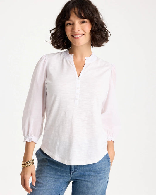 Chico's Ruffled V-Neck 3/4 Sleeve Top Alabaster