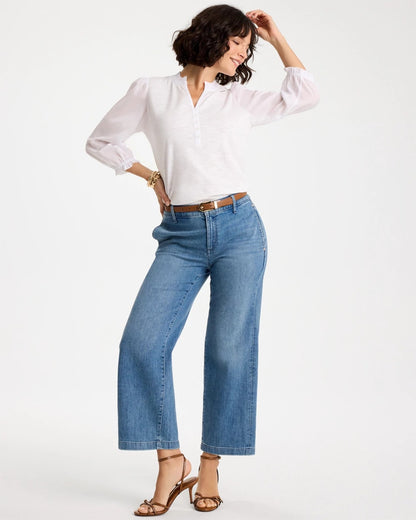 Chico's Ruffled V-Neck 3/4 Sleeve Top Alabaster