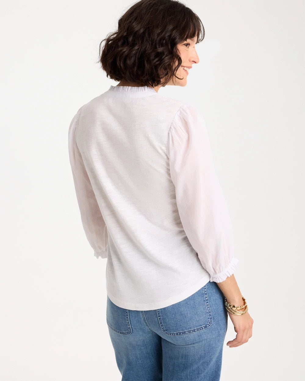 Chico's Ruffled V-Neck 3/4 Sleeve Top Alabaster