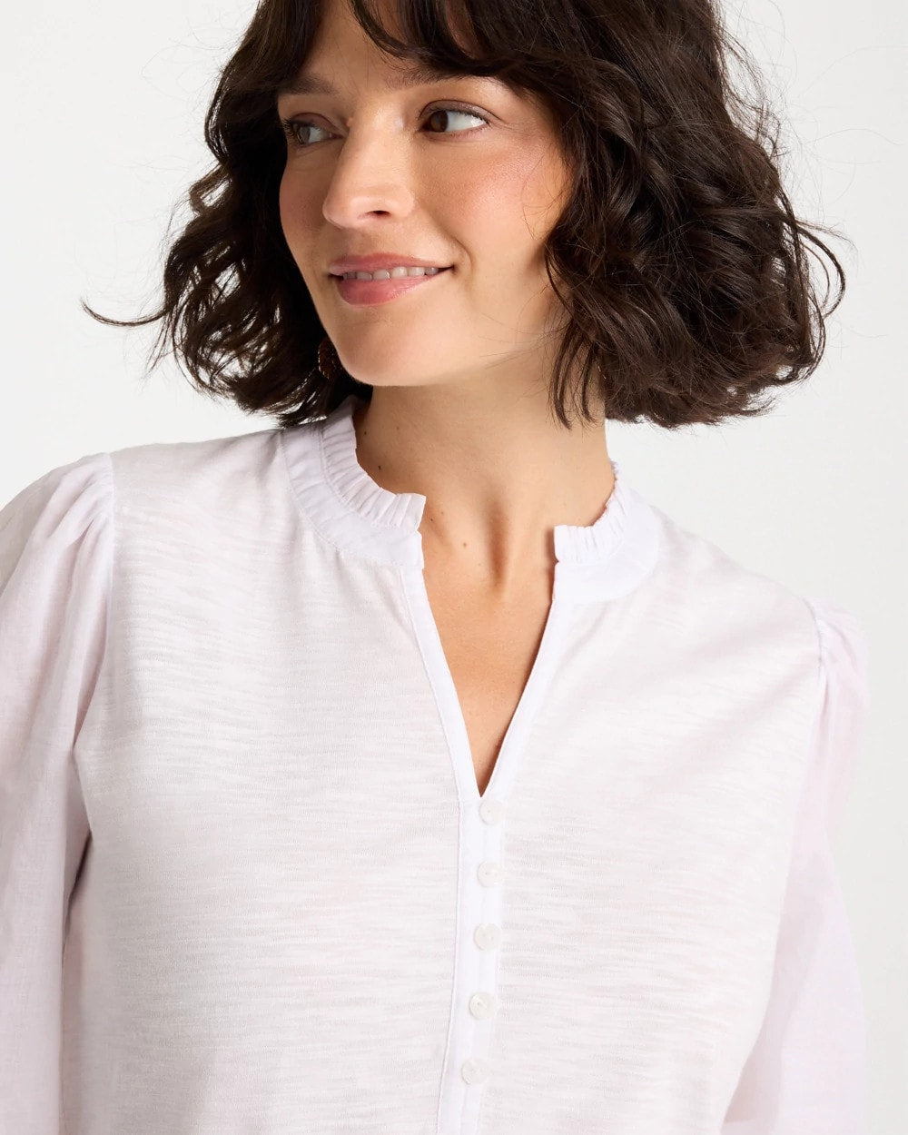 Chico's Ruffled V-Neck 3/4 Sleeve Top Alabaster
