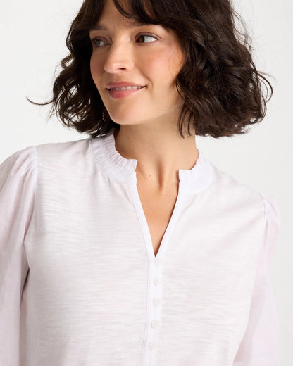 Chico's Ruffled V-Neck 3/4 Sleeve Top Alabaster