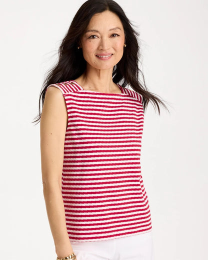 Chico's Cotton Striped Button Tee Cherry Lush