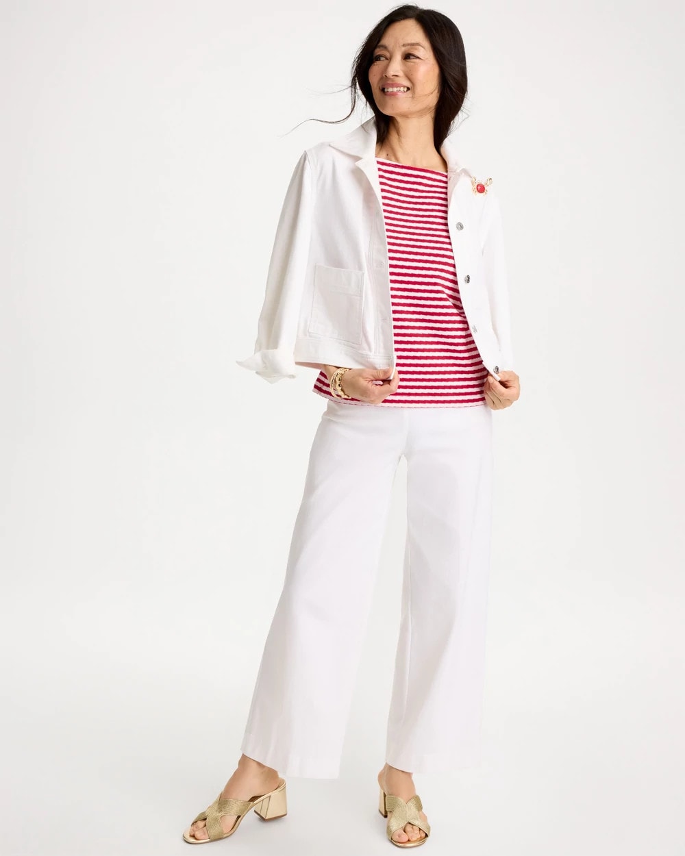 Chico's Cotton Striped Button Tee Cherry Lush