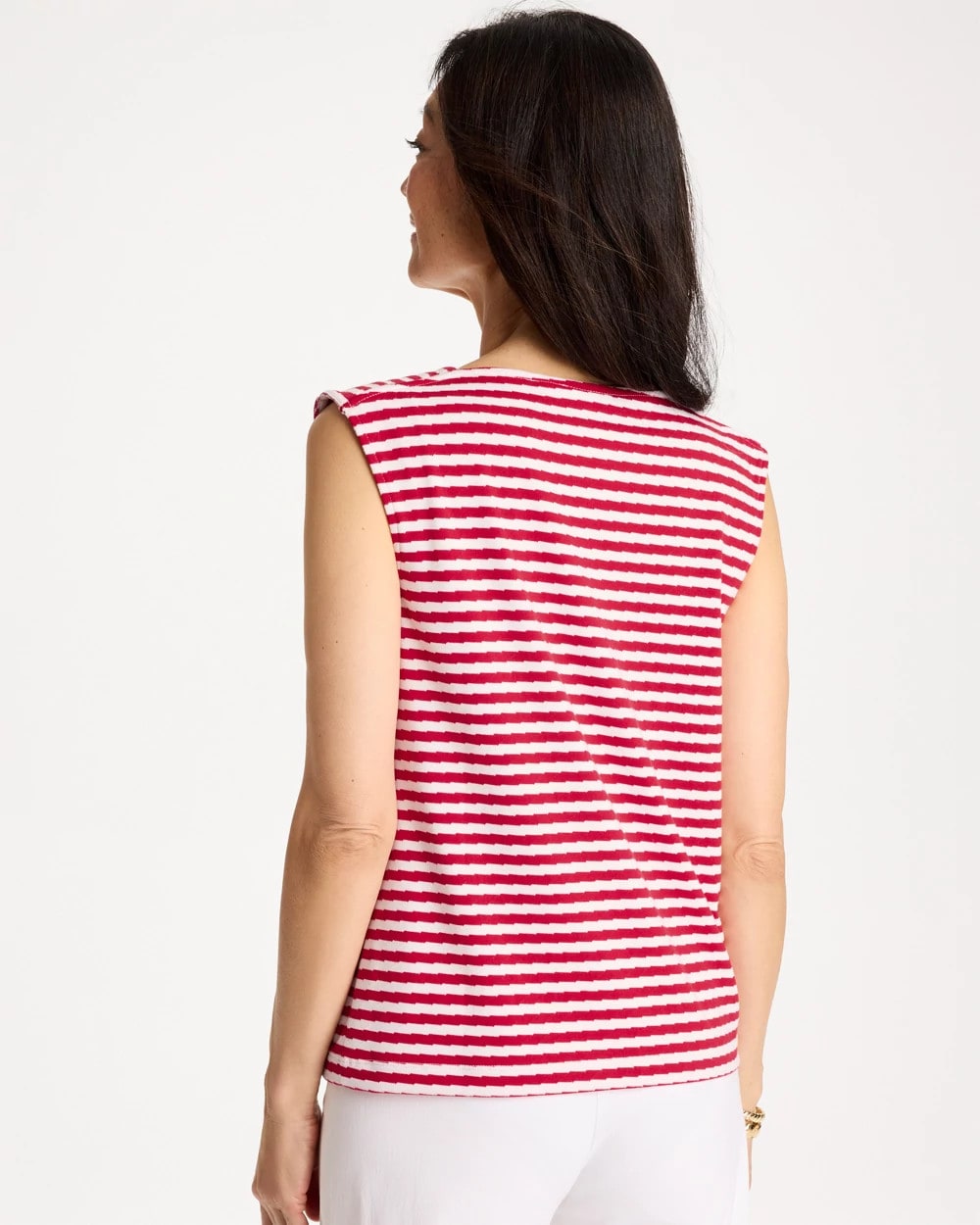 Chico's Cotton Striped Button Tee Cherry Lush