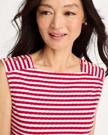 Chico's Cotton Striped Button Tee Cherry Lush