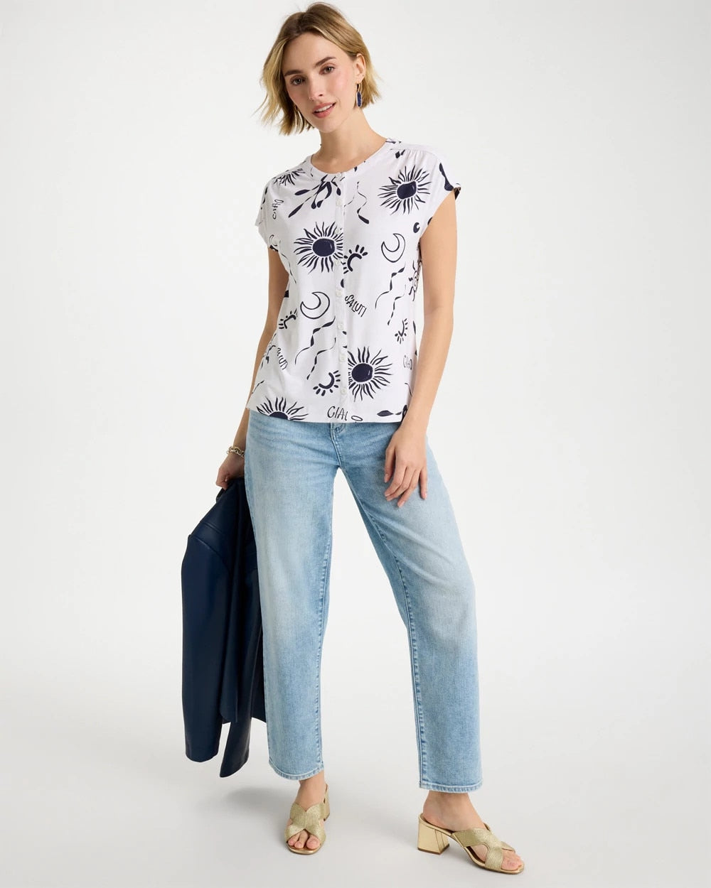 Chico's La Playa Refined Button Tee Passport Blue