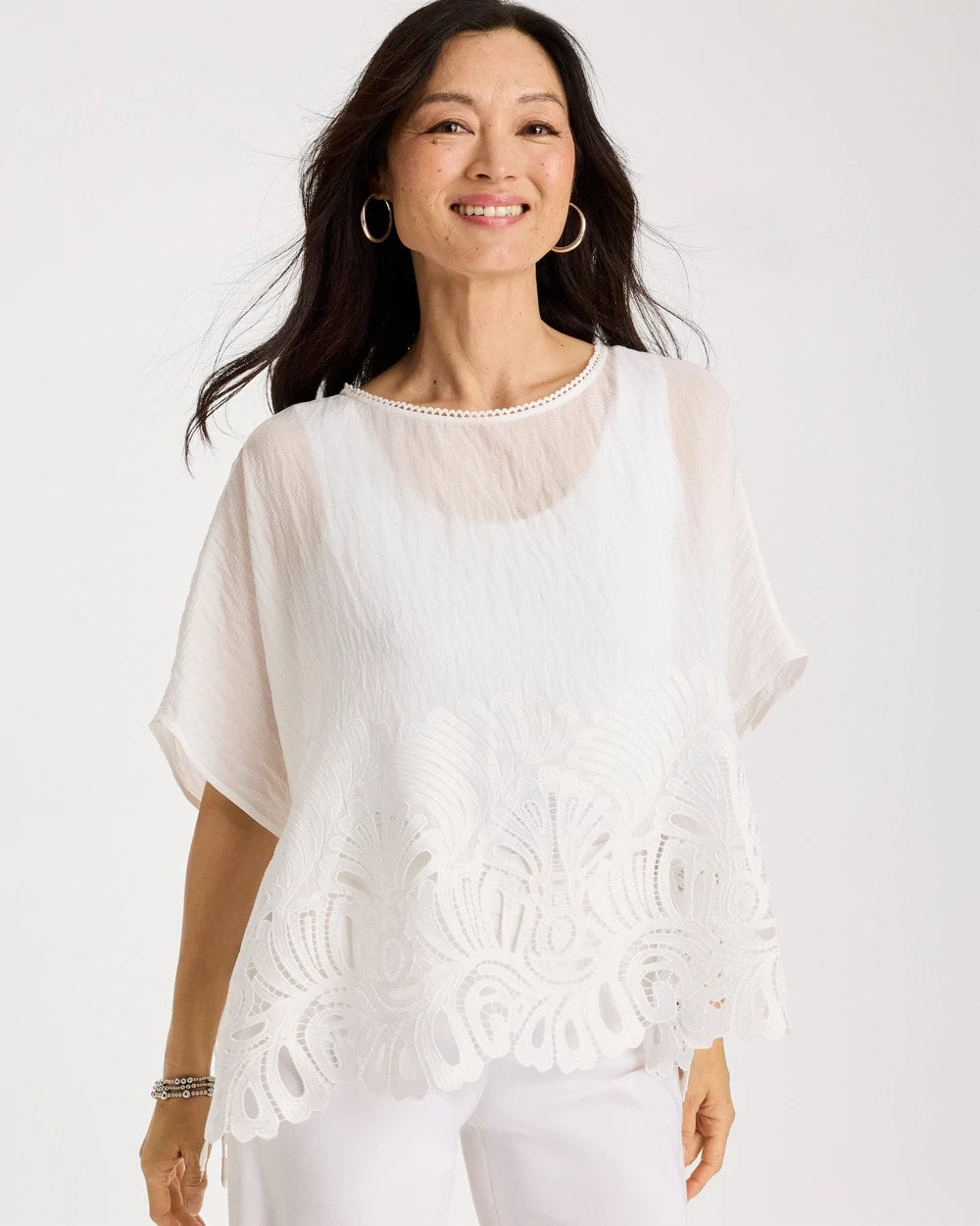 Chico's Crochet Lace Hem Poncho Alabaster