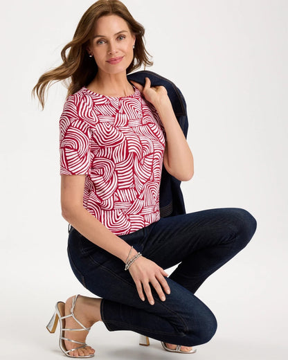 Chico's Geo Pima Elbow Sleeve Tee Cherry Lush