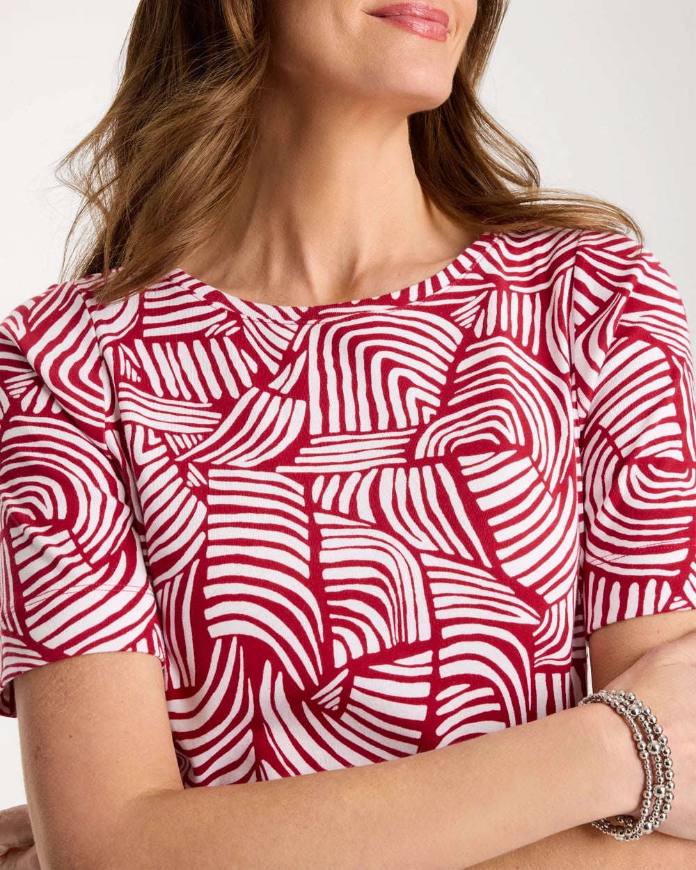Chico's Geo Pima Elbow Sleeve Tee Cherry Lush