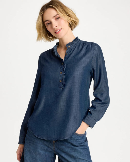 Chico's Tencel Denim Ruffled Popover Shirt Solana Indigo