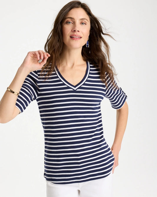 Chico's Pima Striped Elbow Sleeve Tee Passport Blue