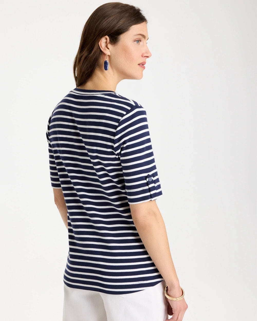 Chico's Pima Striped Elbow Sleeve Tee Passport Blue