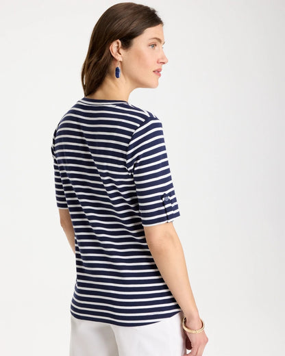 Chico's Pima Striped Elbow Sleeve Tee Passport Blue