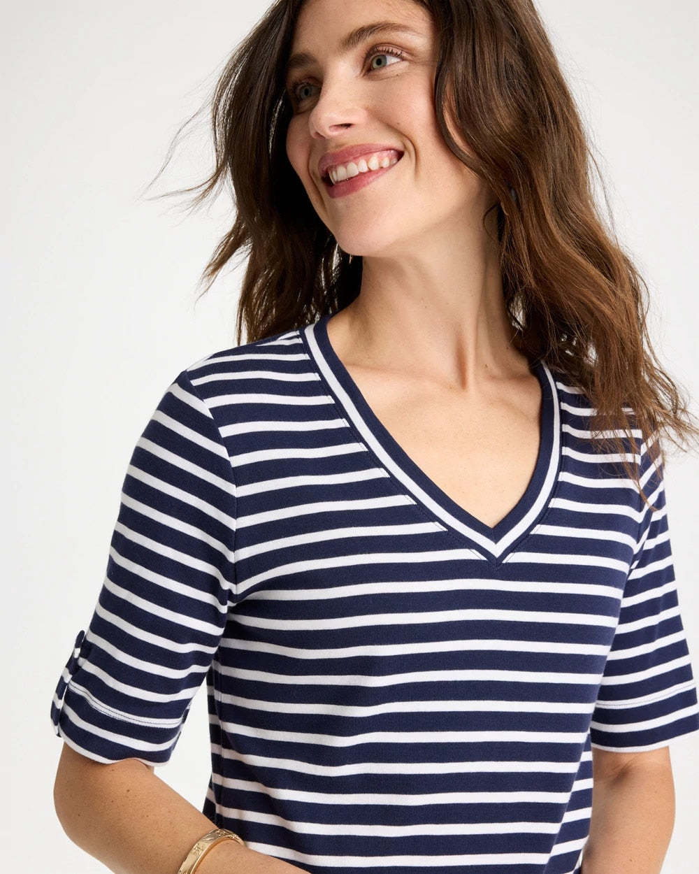 Chico's Pima Striped Elbow Sleeve Tee Passport Blue