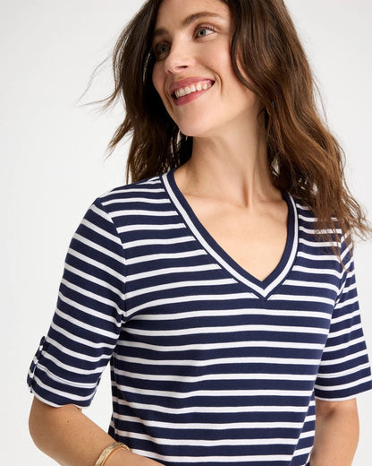 Chico's Pima Striped Elbow Sleeve Tee Passport Blue