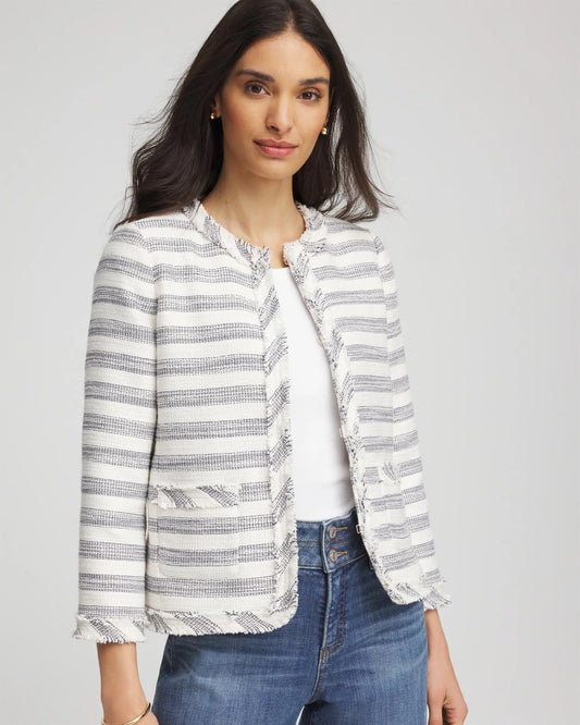 Chico's Striped Tweed Collarless Box Jacket Ecru