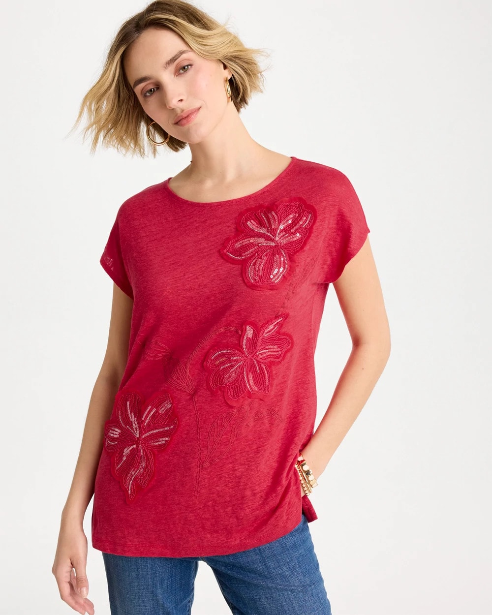 Chico's Linen Embellished Sequin Tunic Cherry Lush