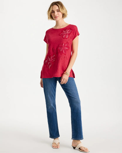 Chico's Linen Embellished Sequin Tunic Cherry Lush