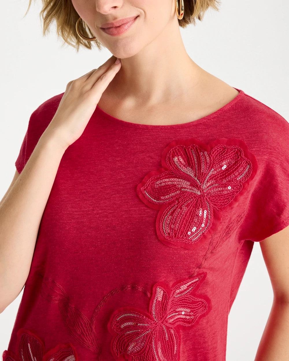 Chico's Linen Embellished Sequin Tunic Cherry Lush