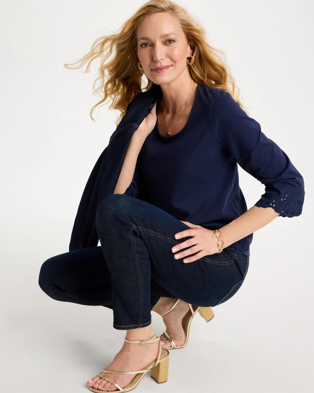 Chico's Embroidered Hem Top Passport Blue