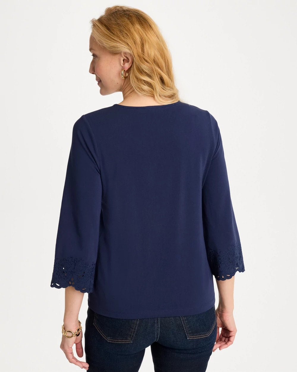 Chico's Embroidered Hem Top Passport Blue