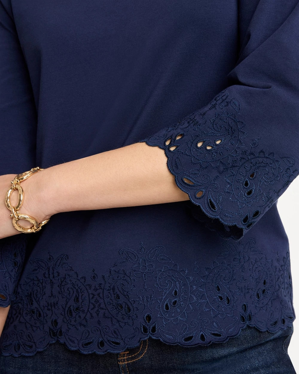 Chico's Embroidered Hem Top Passport Blue