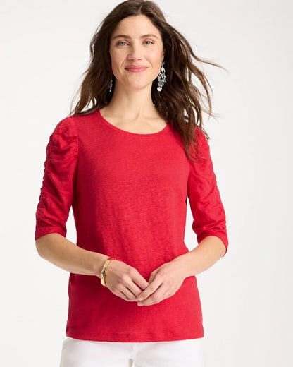 Chico's Linen Ruched Sleeve Tee Cherry Lush