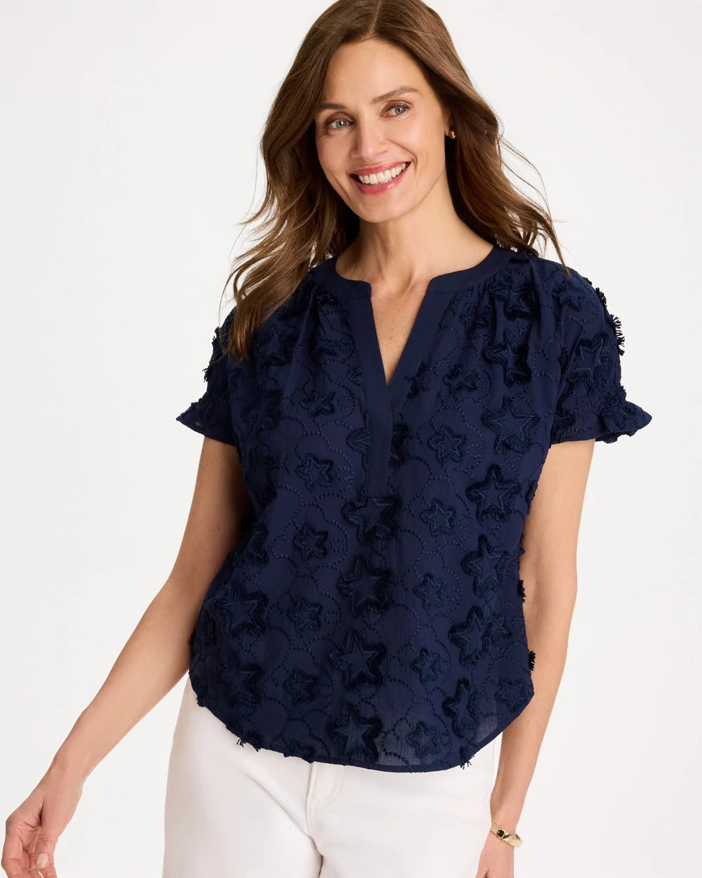 Chico's Cotton Embroidered Americana Star Blouse Passport Blue