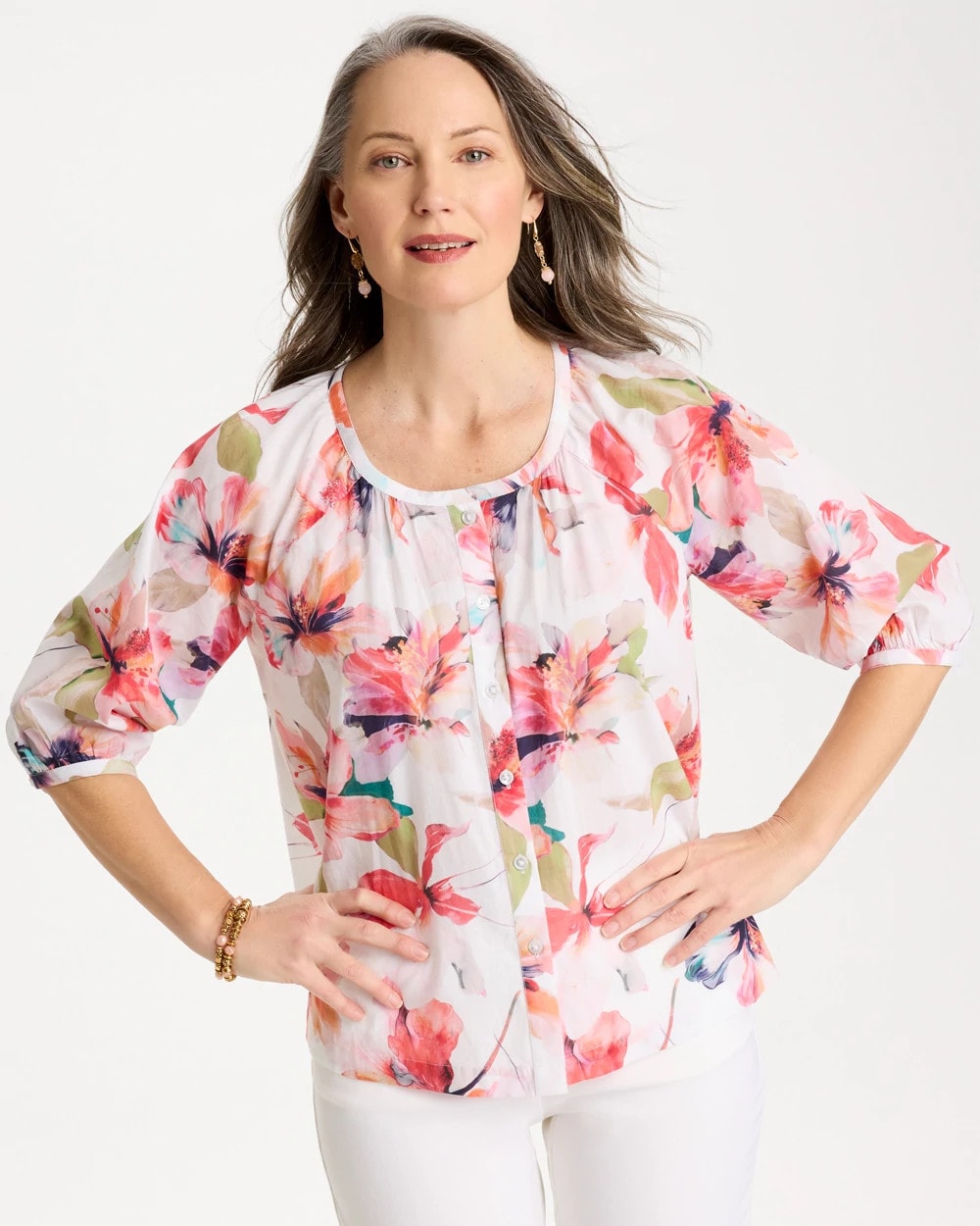 Chico's Cotton Voile Croix Collage Blouse Calypso Coral