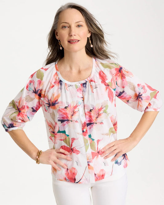 Chico's Cotton Voile Croix Collage Blouse Calypso Coral