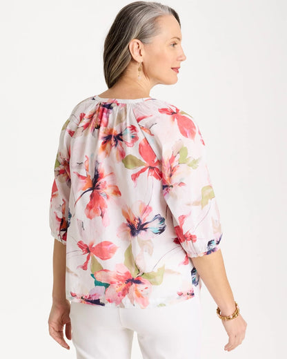 Chico's Cotton Voile Croix Collage Blouse Calypso Coral