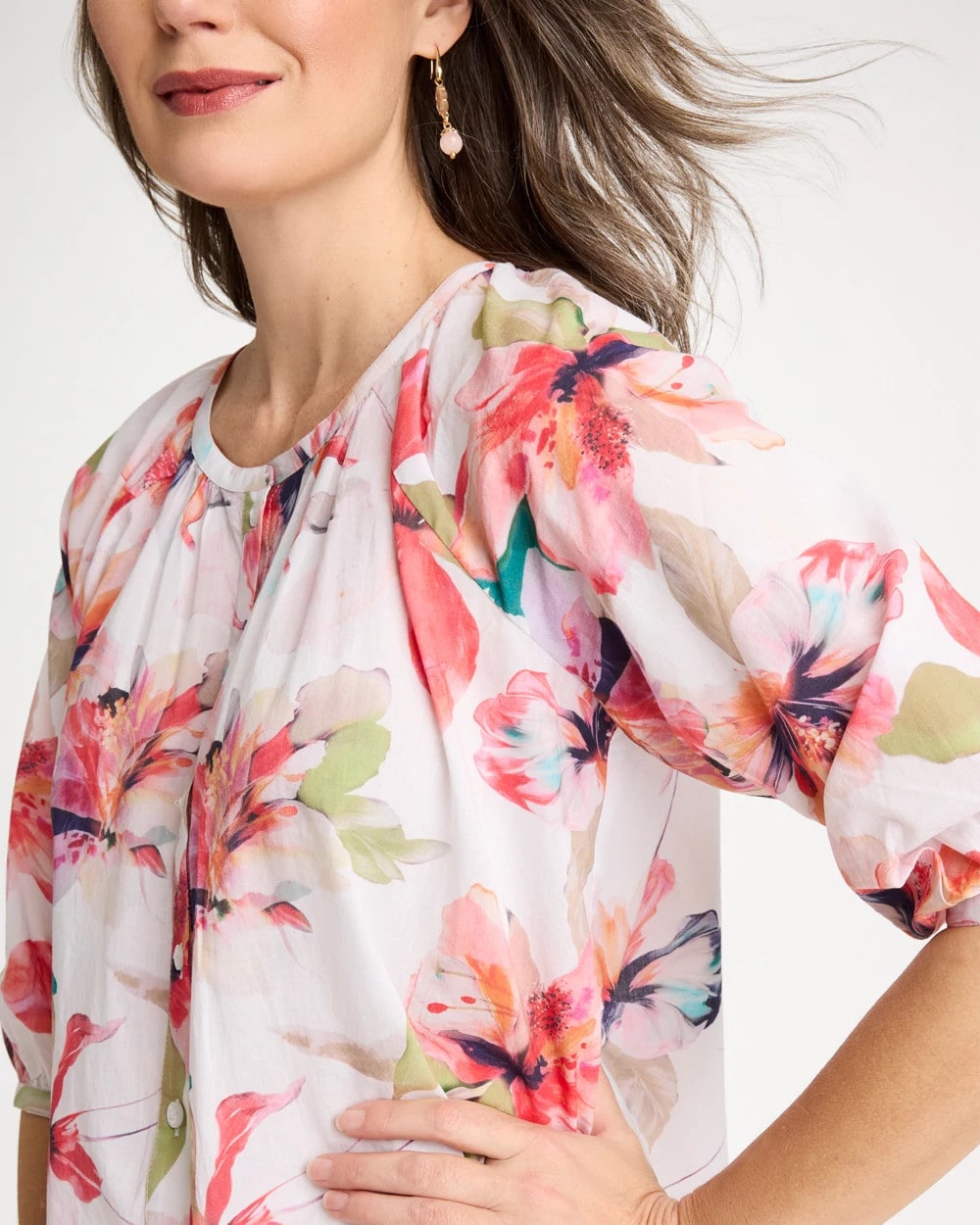 Chico's Cotton Voile Croix Collage Blouse Calypso Coral