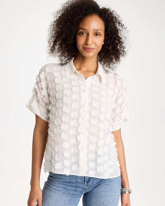 Chico's 3D Floral Chiffon Camp Shirt Alabaster