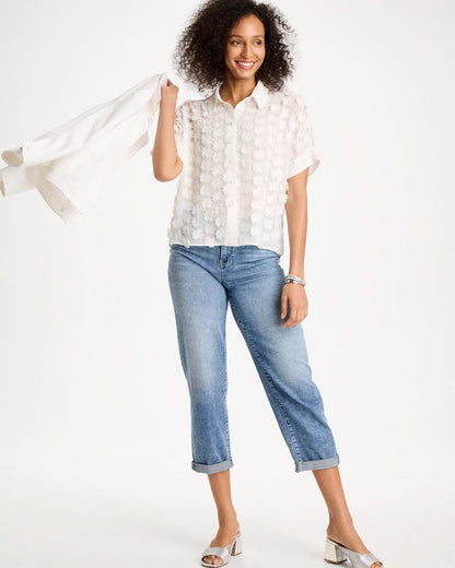 Chico's 3D Floral Chiffon Camp Shirt Alabaster
