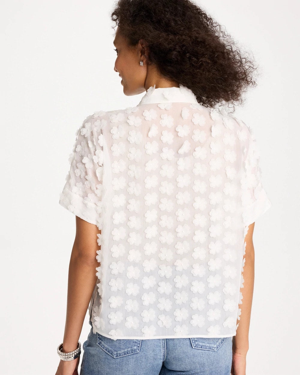 Chico's 3D Floral Chiffon Camp Shirt Alabaster
