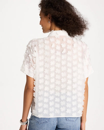 Chico's 3D Floral Chiffon Camp Shirt Alabaster