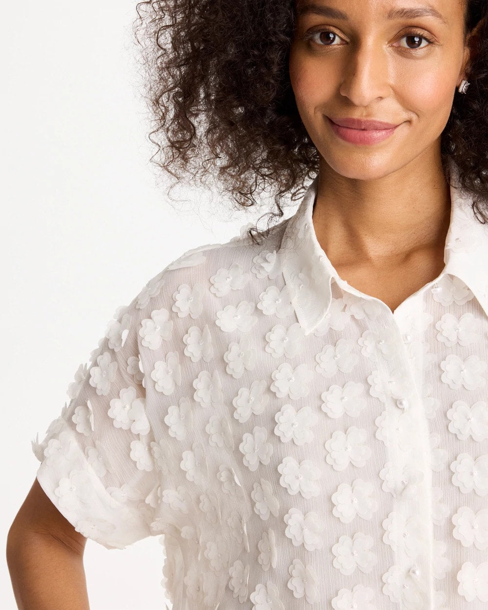 Chico's 3D Floral Chiffon Camp Shirt Alabaster