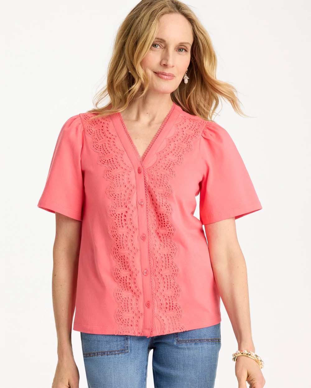 Chico's Embroidered Button-Front Tee Calypso Coral